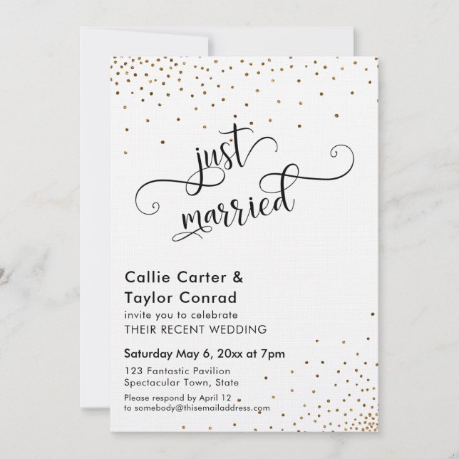 Invitation Juste Mariés Script Typographie, Faux Confettis Do (Devant)