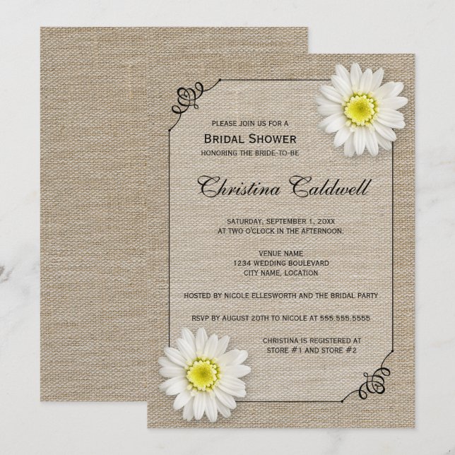Invitation Jute rustique et Fête des mariées marguerite blanc (Devant / Derrière)