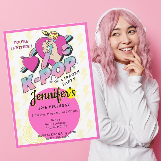 Invitation K-Pop Coréen Music Star Tendance KPop Anniversaire (K-Pop Korean Music Star Trendy Kpop Girly Teen Tween Birthday Party Invitation Girl Karaoke party)