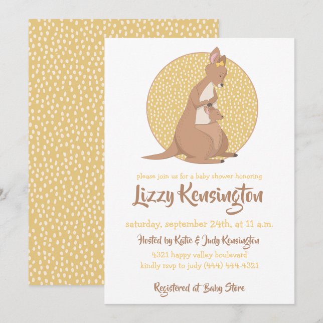 Invitation Kangaroo Baby shower Jaune Neutre Genre (Devant / Derrière)