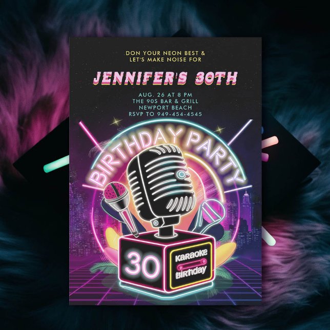 Invitation Karaoke 90s Neon Glow Millennial 30e anniversaire (karaoke neon glow 30th birthday invitation 90s millennial arcade)