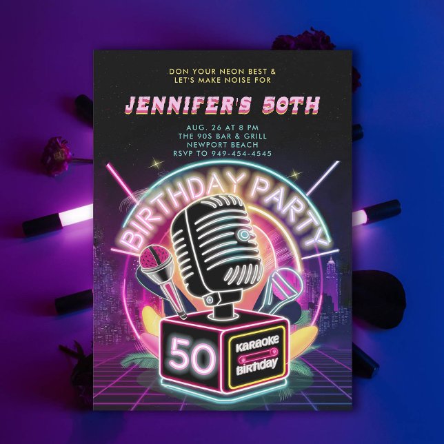 Invitation Karaoke 90s Neon Glow Millennial 50e anniversaire (karaoke neon glow 50th birthday invitation 90s millennial arcade)