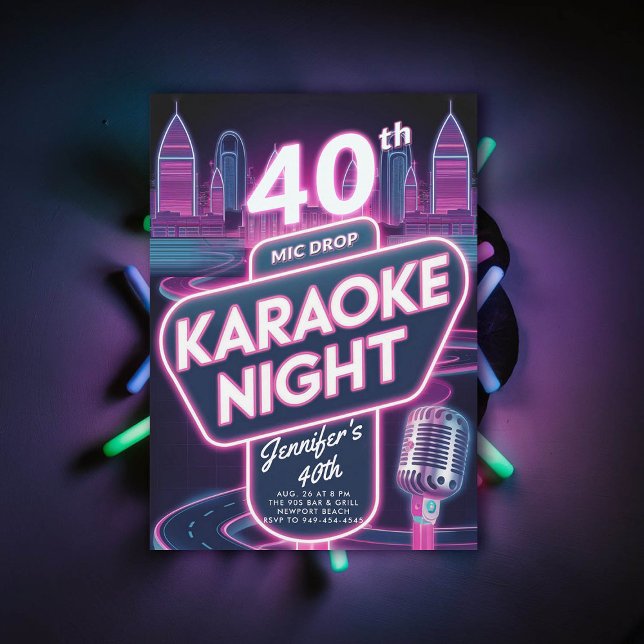 Invitation Karaoke adulte 90s Neon rose brillant 40e annivers (90s neon glow arcade pink40th  birthday invitation for women millennial y2k)