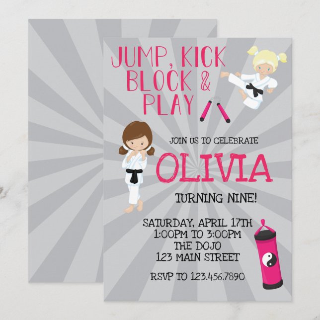 Invitation Karate Girl Pink Martial Arts Anniversaire (Devant / Derrière)