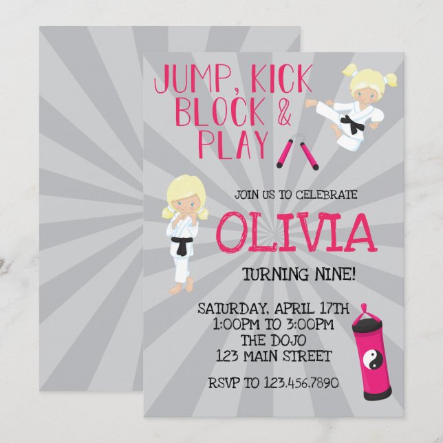Invitation Karate Girl Pink Martial Arts Anniversaire (Devant / Derrière)