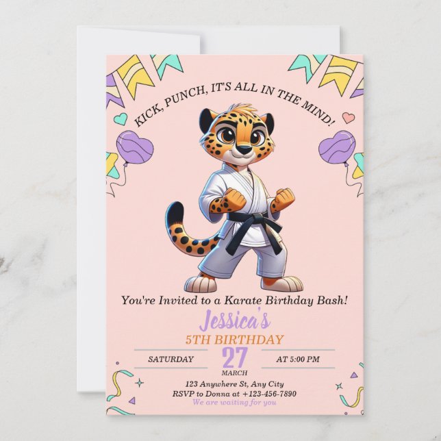 Invitation Karate Martial Animal Arts Fille d'anniversaire (Devant)