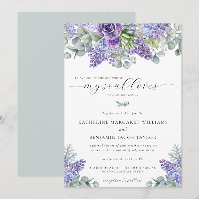 Invitation Katherine Floral Lavender Mariage catholique (Devant / Derrière)