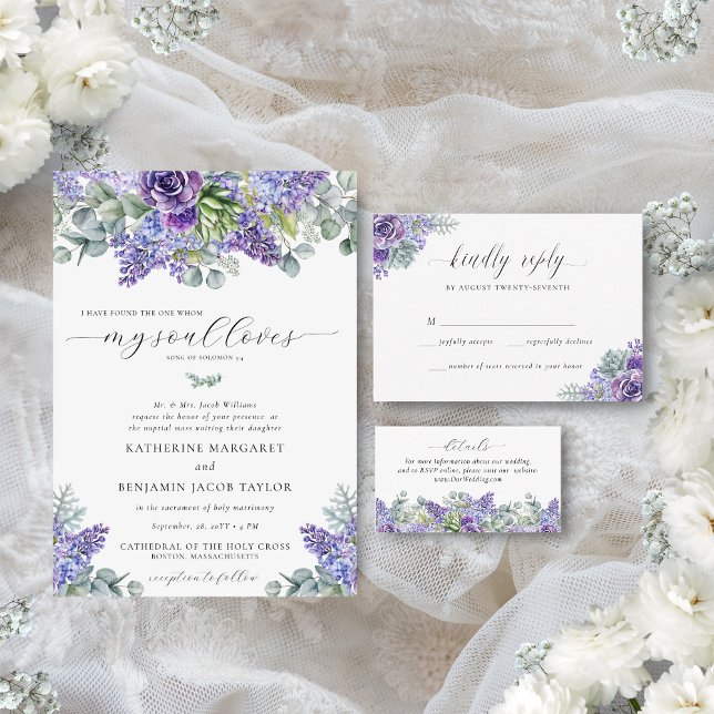 Invitation Katherine Mariage traditionnelle florale catholiqu (Catholic nuptial mass wedding invitation with purple florals and succulents and eucalyptus greenery)