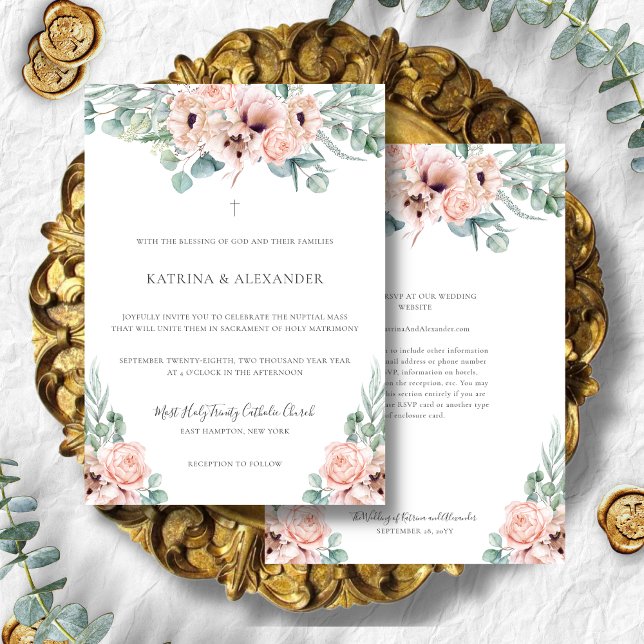 Invitation Katrina Pink Boho Mariage catholique moderne (Floral pink boho Catholic wedding invitation with RSVP on back.)