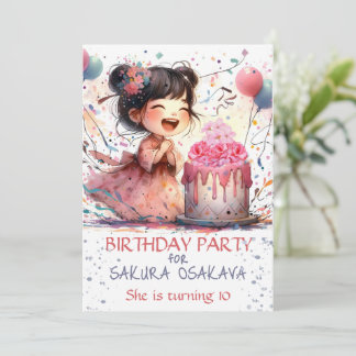 Invitation Kawaii Asiatique fille Anniversaire Gâteau floral