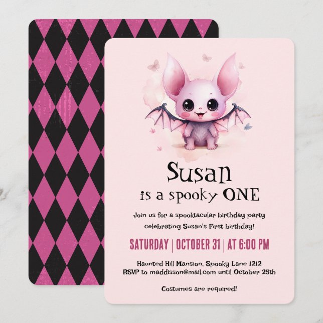 Invitation Kawaii Bat Halloween Birthday Party (Devant / Derrière)