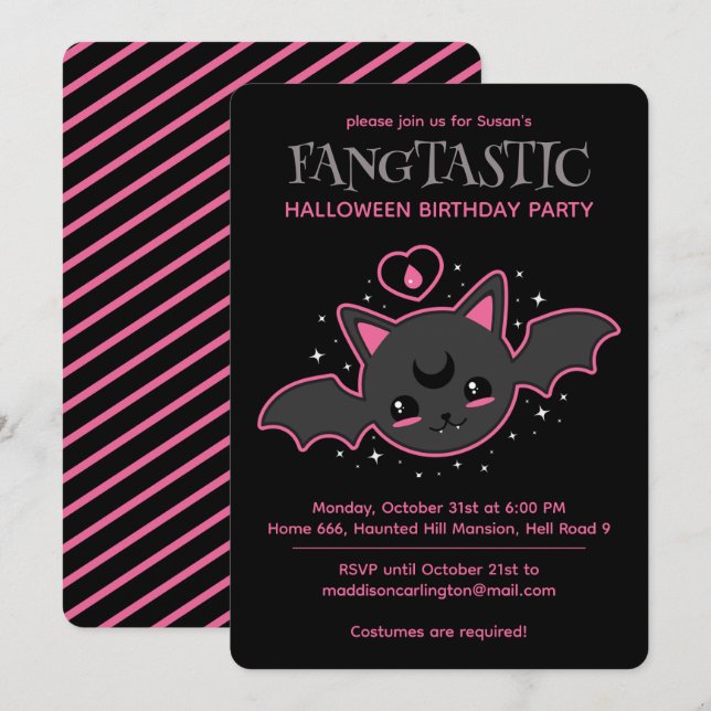 Invitation Kawaii Bat Halloween fête d'anniversaire (Devant / Derrière)