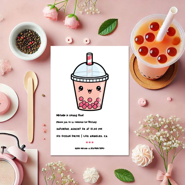 Invitation Kawaii Boba Tea Photo de la fête d'anniversaire (Kawaii Boba Tea First Birthday Party Photo Invitation)