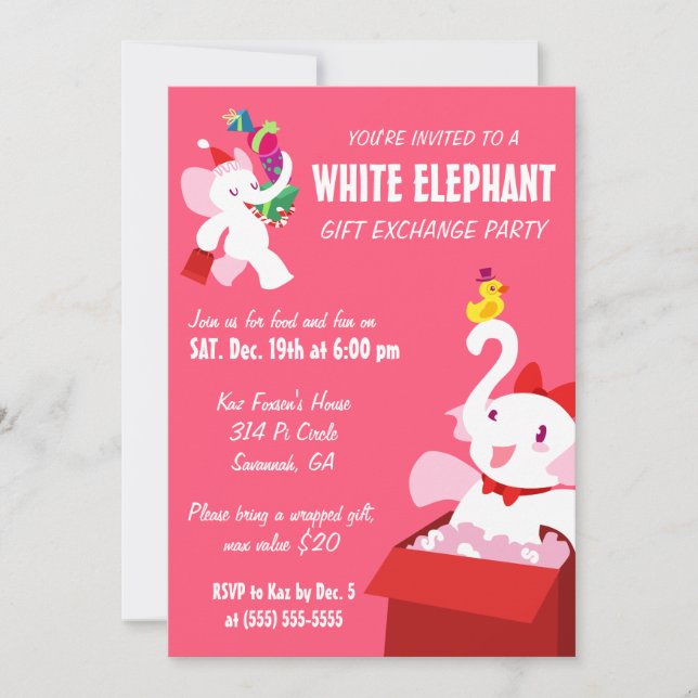 Invitation Kawaii Caricature X mas White Elephant Party (Devant)