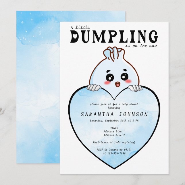 Invitation Kawaii Little Dumpling Dim Sum Baby shower bleu (Devant / Derrière)