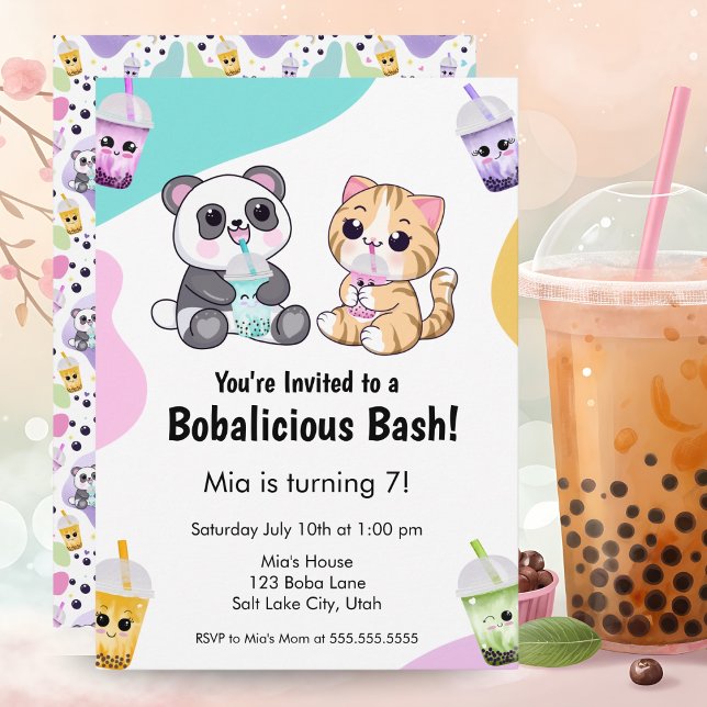 Invitation Kawaii Panda & Tiger Bubble Tea Anniversaire de en (Créateur téléchargé)