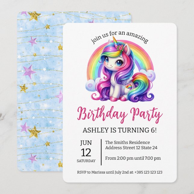 Invitation Kawaii Rainbow Unicorn Anniversaire Fête Invitatio (Devant / Derrière)