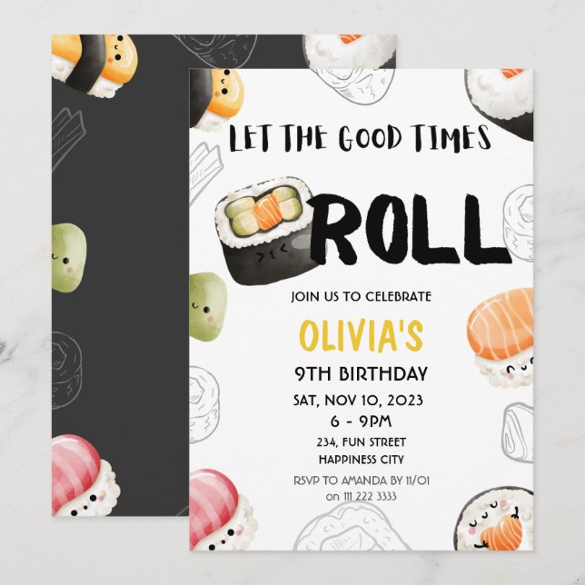 Invitation Kawaii Sushi Good Times Roll Kids Adulte Anniversa (Devant / Derrière)