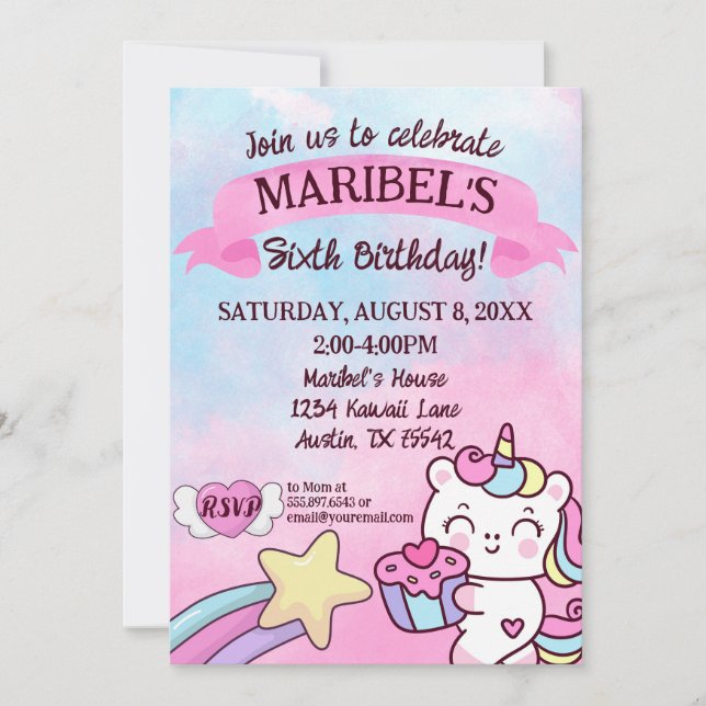 Invitation Kawaii Unicorn Arc-en-ciel bleu rose Anniversaire (Devant)