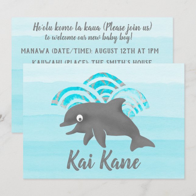 Invitation Keiki Aquarelle Dauphin Vague (Devant / Derrière)