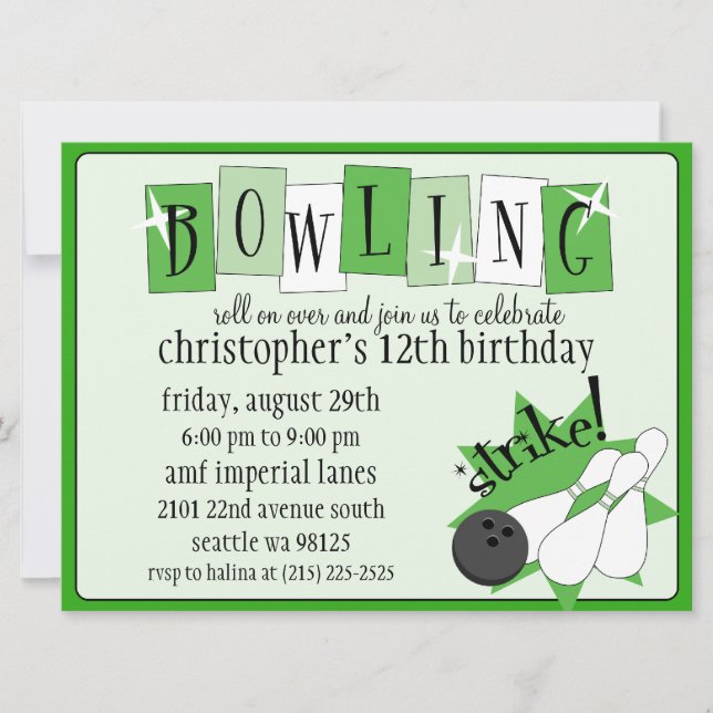 Invitation Kelly Green Bowling Totalement Rétro Fête d'annive (Devant)