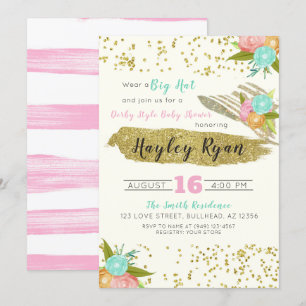 Invitation Kentucky Derby Grand Casquette Baby shower rose et