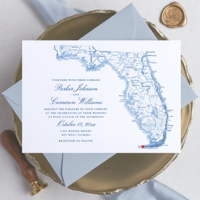 Invitation Key West FL Map Élégant Mariage bleu marine (Key West FL map wedding invitation in elegant navy blue from Coastal Map Designs)