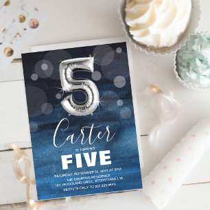 Invitation Kids 5th Birthday Silver Balloon   Blue Party