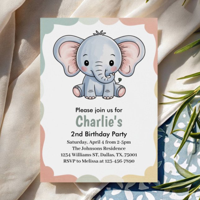 Invitation Kids Cute Green Elephant 2nd Birthday Party (Créateur téléchargé)