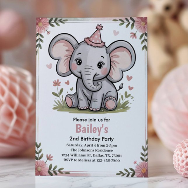 Invitation Kids Cute Pink Elephant 2nd Birthday Party (Créateur téléchargé)