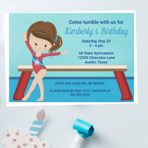 Invitation Kids Gymnastics Cute Blue Girls Birthday Party