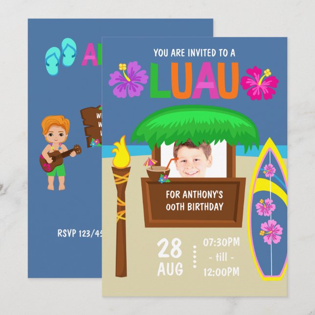 Invitation Kids Hawaiian Luau Party ajouter la photo Invitati (Devant / Derrière)