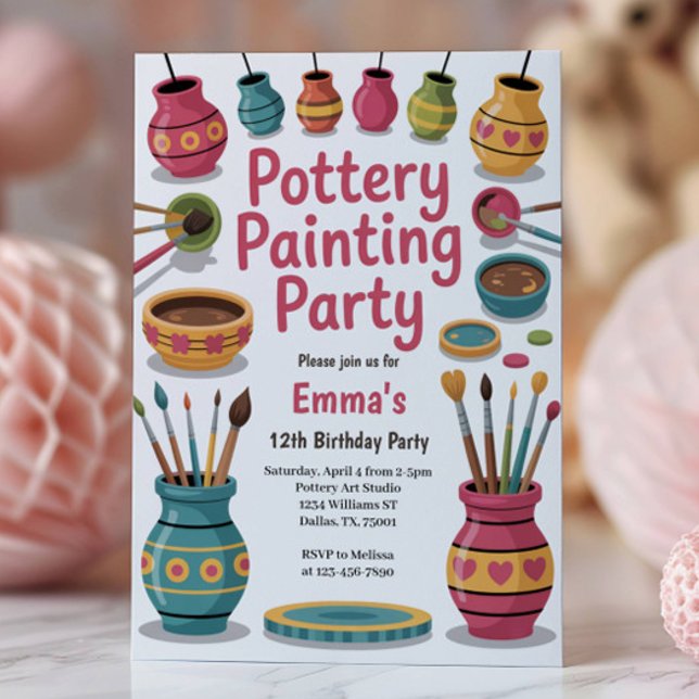 Invitation Kids Watercolor Pottery Painting Birthday Party (Créateur téléchargé)
