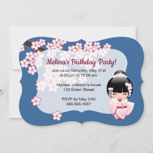 Invitation Kimono Rose Kawaii Kokeshi Poupée Bleu Anniversair