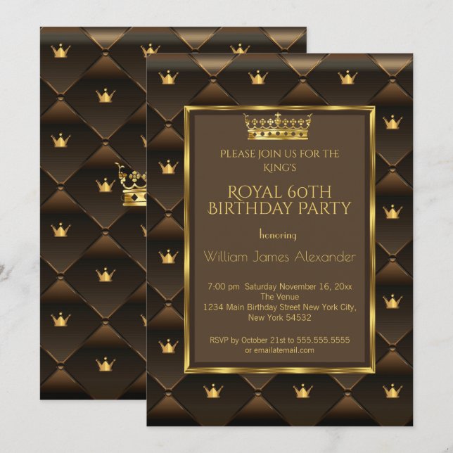 Invitation King 60e fête d'anniversaire Crown Gold Choc Brown (Devant / Derrière)