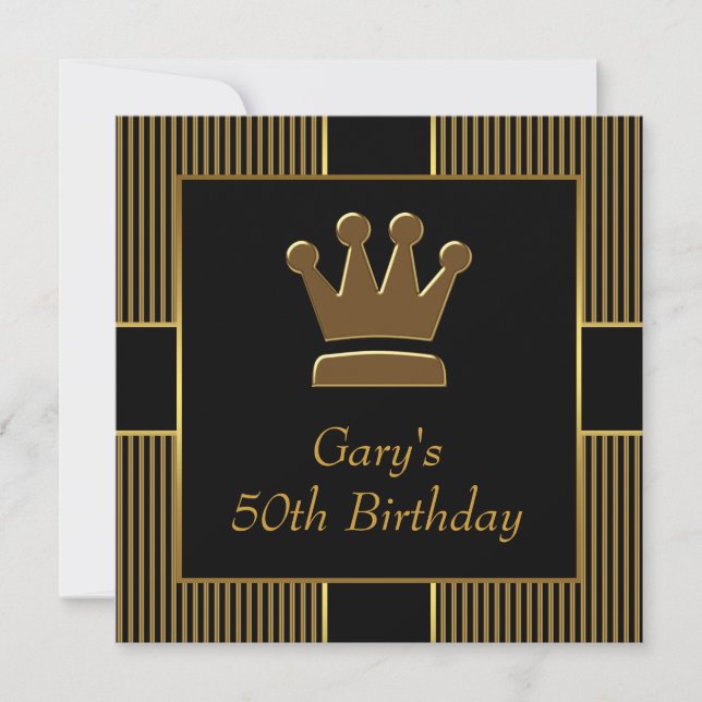 Invitation King Crown Mans Black Gold fête d'anniversaire (Devant)