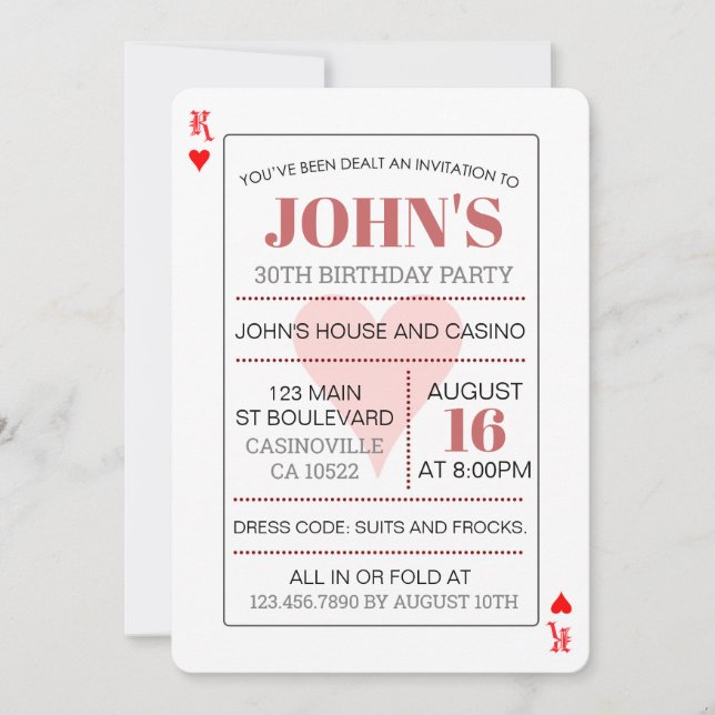 Invitation King of Hearts Casino Playing Cards (Devant)
