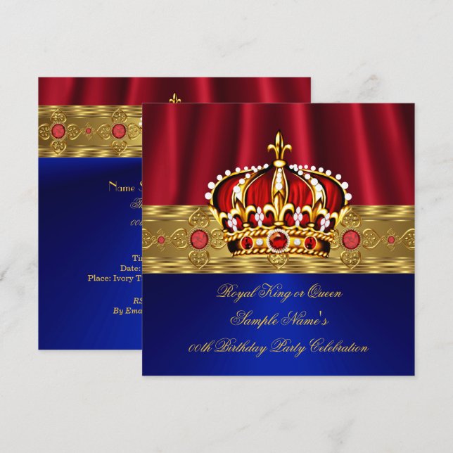 Invitation King Queen Red Crown Royal Blue Gold Anniversaire  (Devant / Derrière)