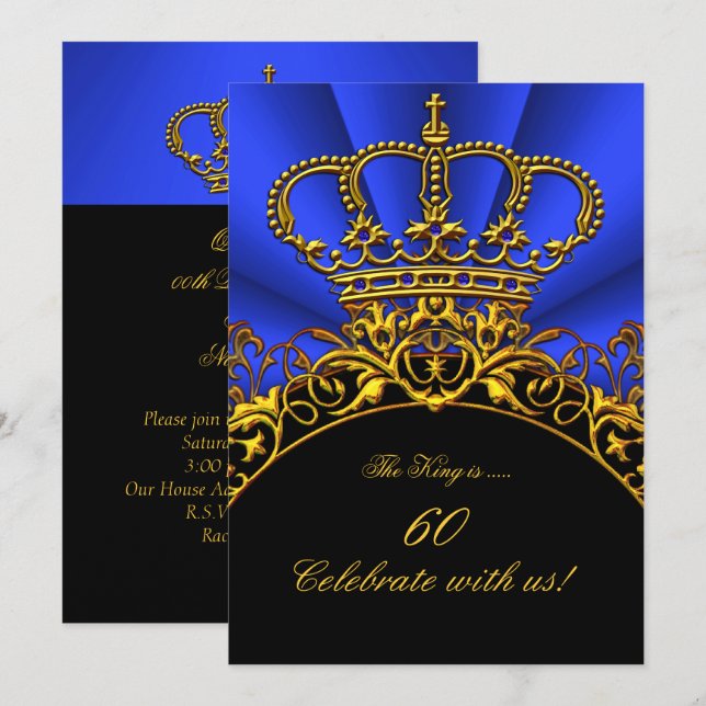 Invitation King Regal Queen Gold Royal Blue Anniversaire Part (Devant / Derrière)