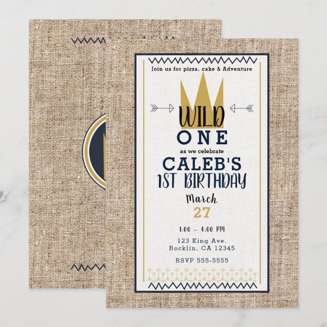 Invitation King Wild ONE Thème Gold Crown 1st Birthday Party (Devant / Derrière)
