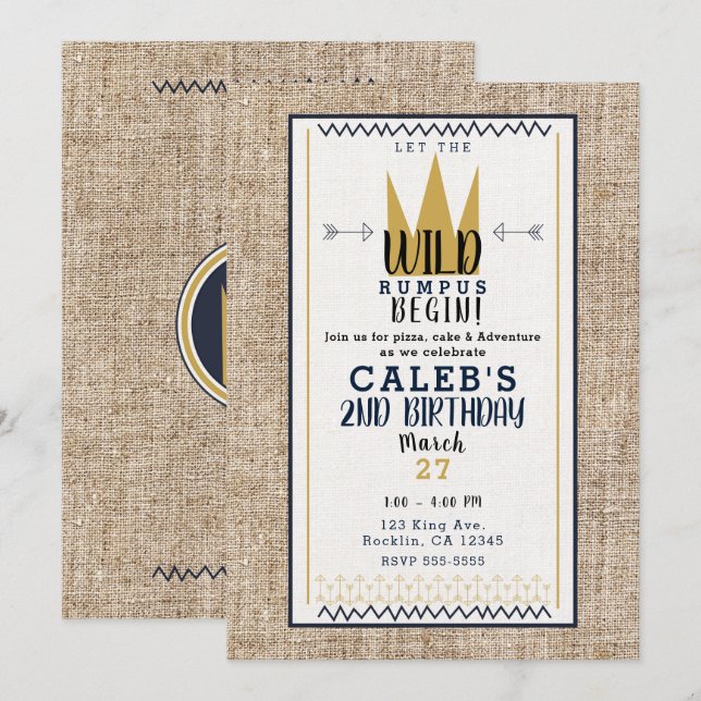 Invitation King Wild Thing Gold Crown Burlap Anniversaire (Devant / Derrière)