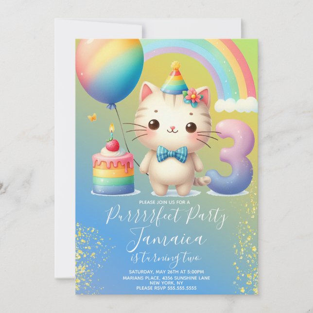 Invitation Kit de 3e anniversaire Licorne Arc-en-ciel Fête (Devant)