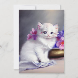 Invitation Kitten blanc vintage aux fleurs roses et violettes