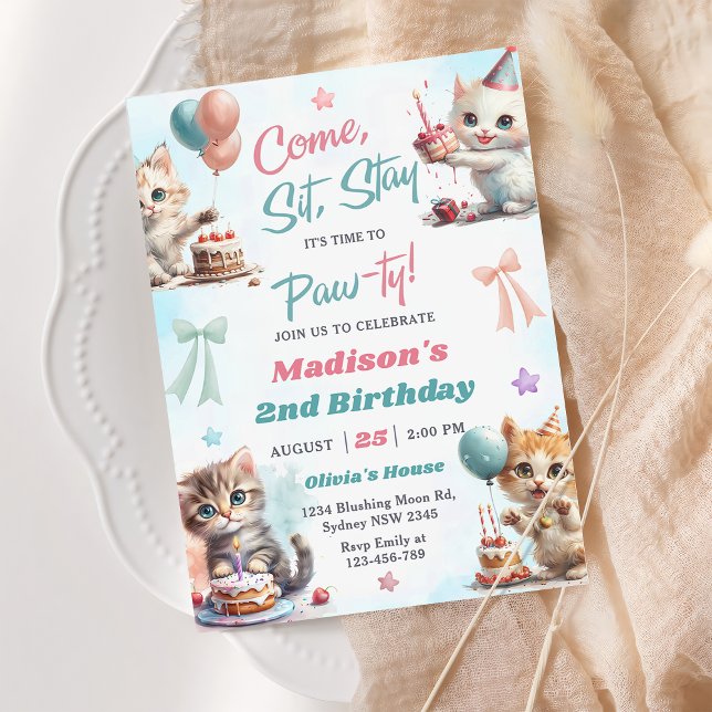 Invitation Kitten Cat Let's Pawty 2nd Birthday Party Invitat (Créateur téléchargé)