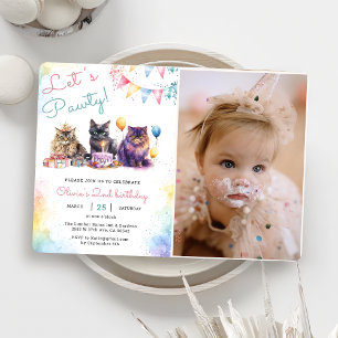 Invitation Kitten Cat Let's Pawty 2nd Birthday Party Photo