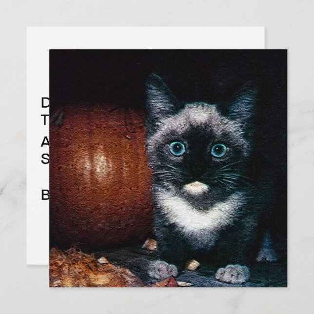 Invitation Kitten et Citrouille pour Halloween (Devant / Derrière)