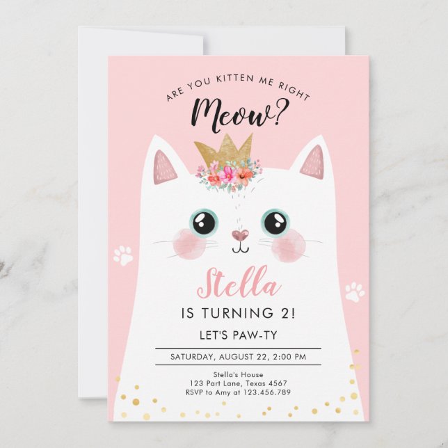 Invitation Kitten Meow Couronne rose Fille Kitty Chat Anniver (Devant)