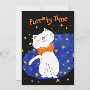 Invitation Kitty Chat Bleu étoile Nuit avec étoiles d'or