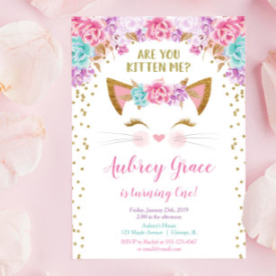 Invitation Kitty chat chaton chaton rose or parties scintilla