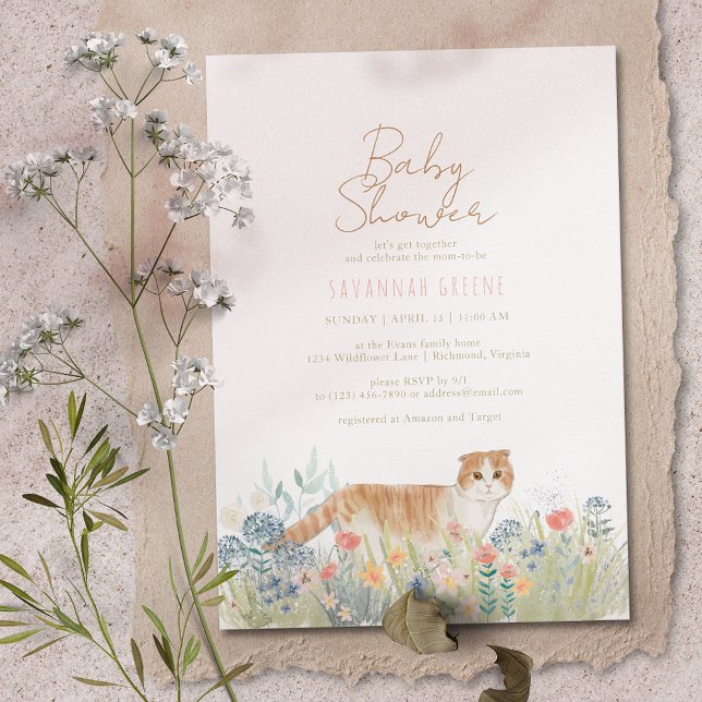Invitation Kitty Chat Fleurs sauvages | Baby shower de ressor (Créateur téléchargé)